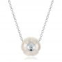 14k White Gold Carved Fresh White Pearl And Diamond Pendant - Three-Quarter View -  100330 - Thumbnail
