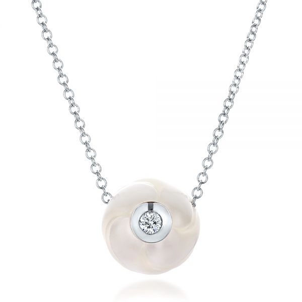 14k White Gold Carved Fresh White Pearl And Diamond Pendant - Three-Quarter View -  100345