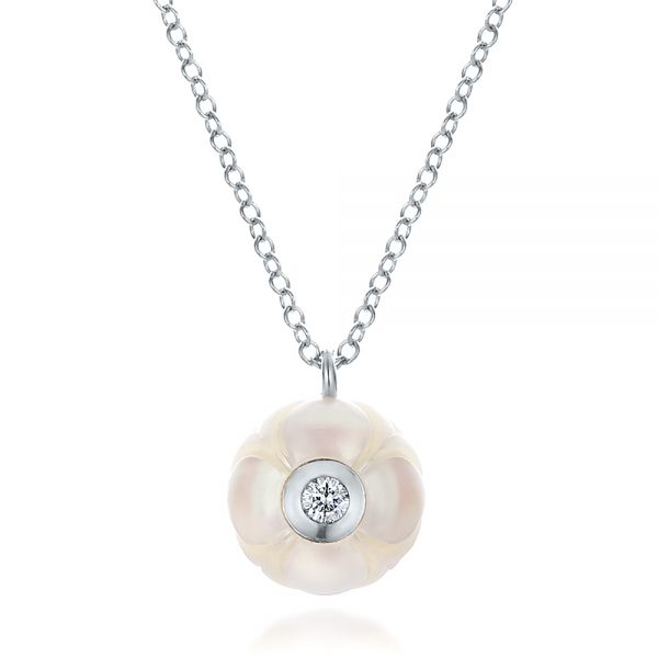 14k White Gold Carved Fresh White Pearl And Diamond Pendant - Three-Quarter View -  100347