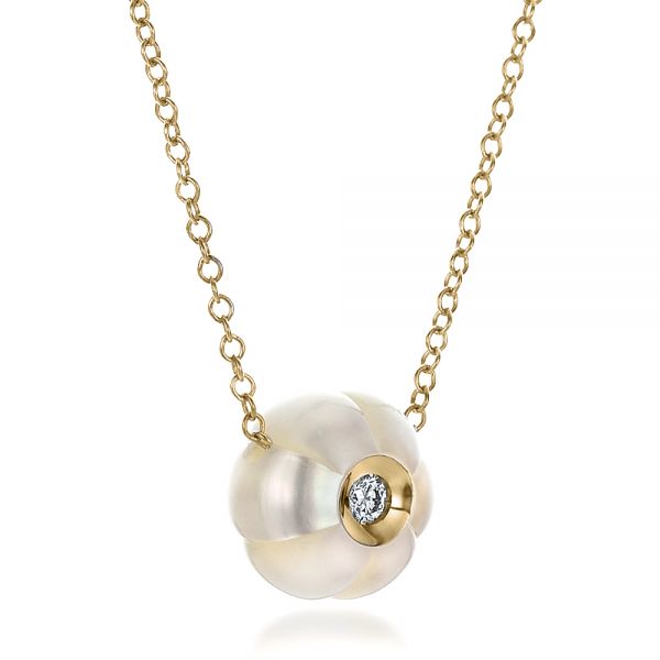 18k Yellow Gold 18k Yellow Gold Carved Fresh White Pearl And Diamond Pendant - Flat View -  100330
