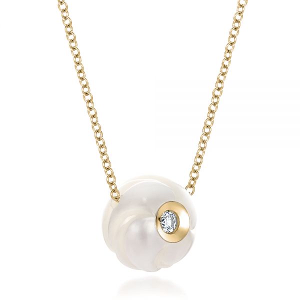 14k Yellow Gold 14k Yellow Gold Carved Fresh White Pearl And Diamond Pendant - Flat View -  100345
