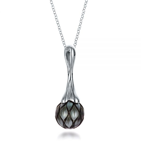 14k White Gold Carved Tahitian Pearl Pendant - Flat View -  100305