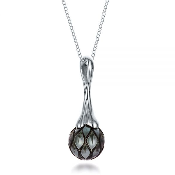 18k White Gold 18k White Gold Carved Tahitian Pearl Pendant - Flat View -  100305