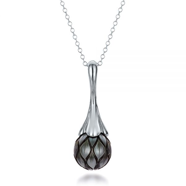 14k White Gold Carved Tahitian Pearl Pendant - Three-Quarter View -  100305