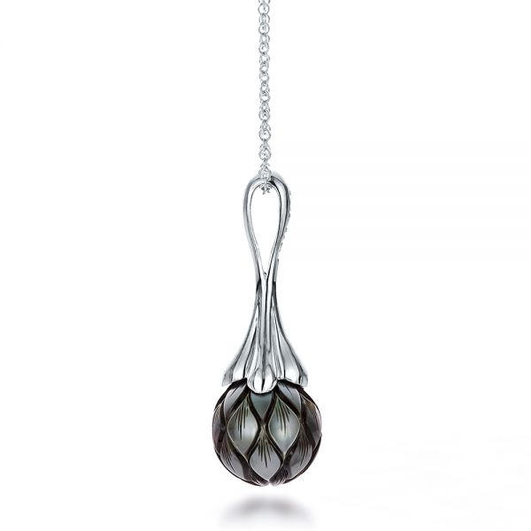 14k White Gold Carved Tahitian Pearl Pendant - Side View -  100305