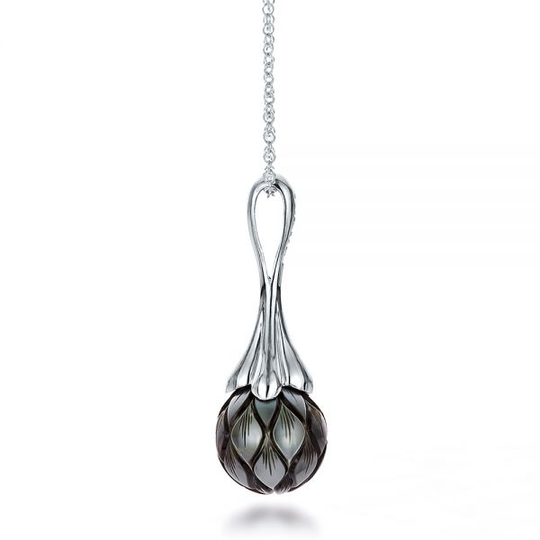  Platinum Platinum Carved Tahitian Pearl Pendant - Side View -  100305