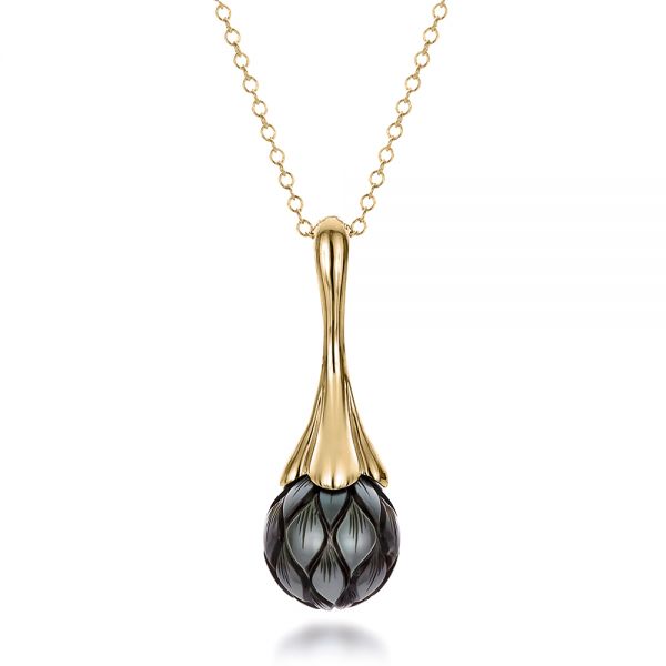18k Yellow Gold 18k Yellow Gold Carved Tahitian Pearl Pendant - Three-Quarter View -  100305