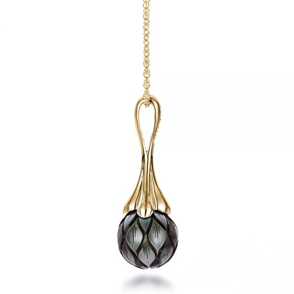 14k Yellow Gold 14k Yellow Gold Carved Tahitian Pearl Pendant - Side View - 100305