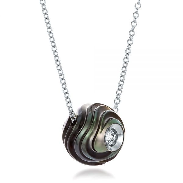 14k White Gold Carved Tahitian Pearl And Diamond Pendant - Flat View - 100314