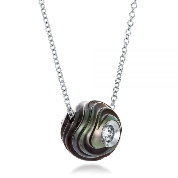 18k White Gold 18k White Gold Carved Tahitian Pearl And Diamond Pendant - Flat View -  100314