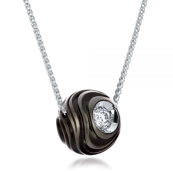 18k White Gold 18k White Gold Carved Tahitian Pearl And Diamond Pendant - Flat View -  100324