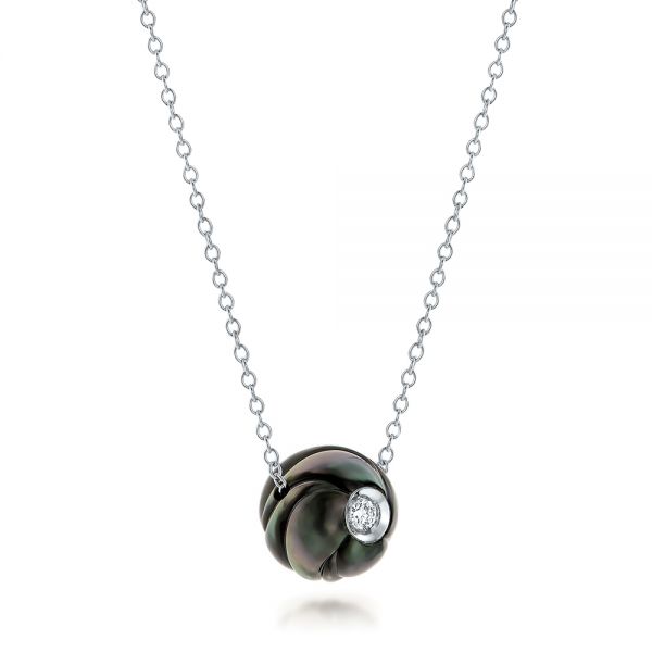 14k White Gold Carved Tahitian Pearl And Diamond Pendant - Flat View - 101962
