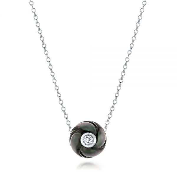 18k White Gold 18k White Gold Carved Tahitian Pearl And Diamond Pendant - Three-Quarter View -  101962