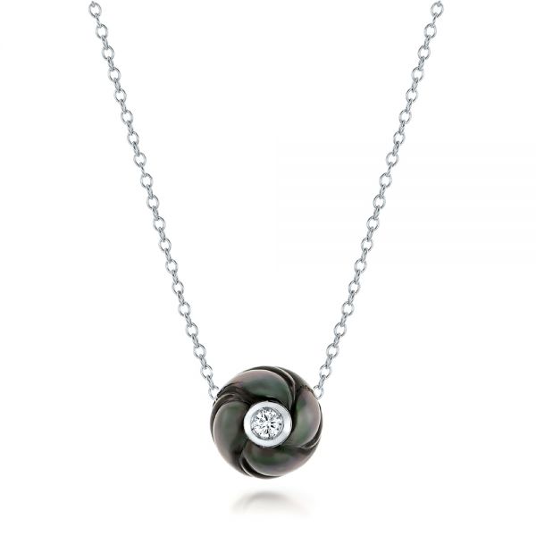  Platinum Platinum Carved Tahitian Pearl And Diamond Pendant - Three-Quarter View -  101962