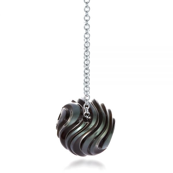 14k White Gold Carved Tahitian Pearl And Diamond Pendant - Side View - 100314