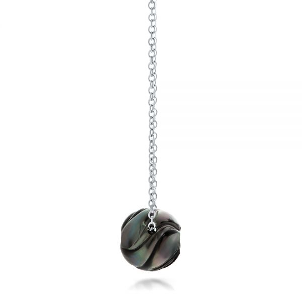 14k White Gold Carved Tahitian Pearl And Diamond Pendant - Side View - 101962