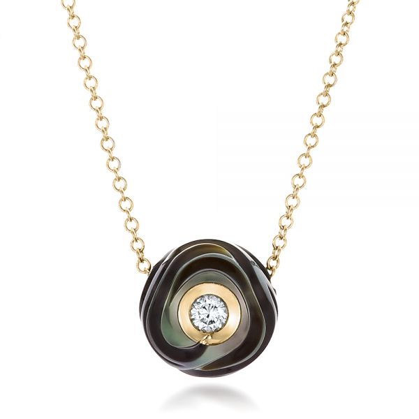 18k Yellow Gold 18k Yellow Gold Carved Tahitian Pearl And Diamond Pendant - Three-Quarter View -  100314