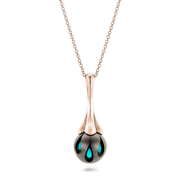 18k Rose Gold 18k Rose Gold Carved Turquoise Tahitian Pearl Pendant - Three-Quarter View - 101117