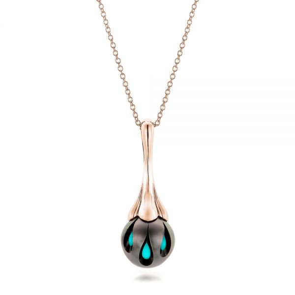 18k Rose Gold 18k Rose Gold Carved Turquoise Tahitian Pearl Pendant - Three-Quarter View -  101117