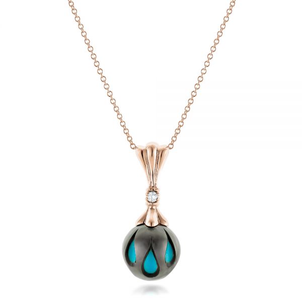 14k Rose Gold 14k Rose Gold Carved Turquoise Tahitian Pearl Pendant - Three-Quarter View -  102571