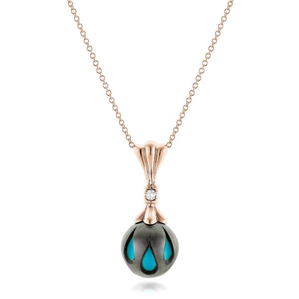 18k Rose Gold 18k Rose Gold Carved Turquoise Tahitian Pearl Pendant - Three-Quarter View -  102571