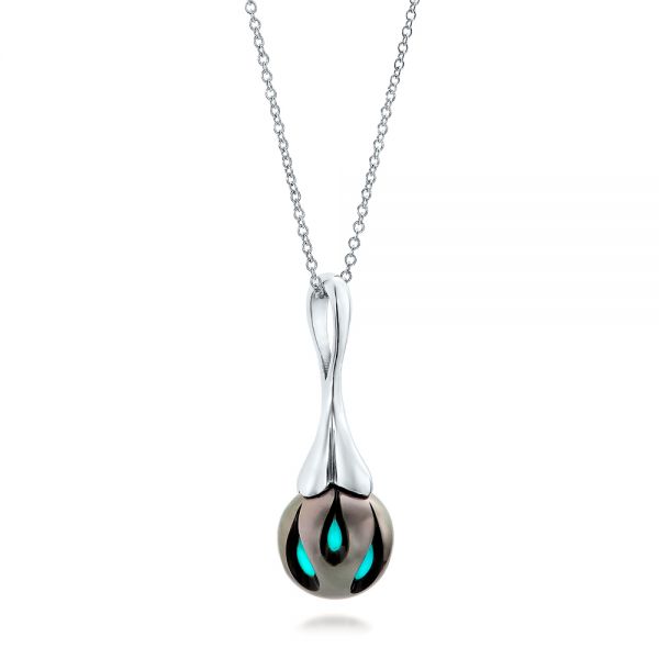 14k White Gold Carved Turquoise Tahitian Pearl Pendant - Flat View -  101117