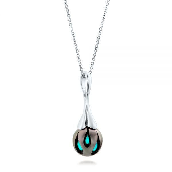  Platinum Platinum Carved Turquoise Tahitian Pearl Pendant - Flat View -  101117