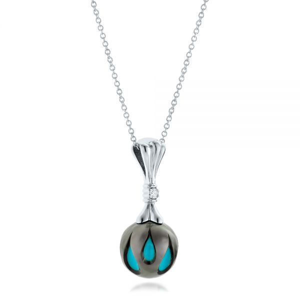14k White Gold Carved Turquoise Tahitian Pearl Pendant - Flat View -  102571