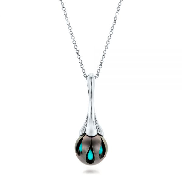 14k White Gold Carved Turquoise Tahitian Pearl Pendant - Three-Quarter View -  101117