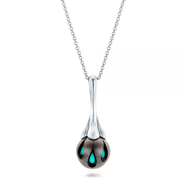  Platinum Platinum Carved Turquoise Tahitian Pearl Pendant - Three-Quarter View -  101117