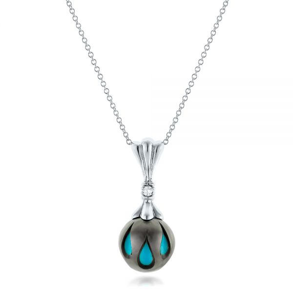 14k White Gold Carved Turquoise Tahitian Pearl Pendant - Three-Quarter View -  102571