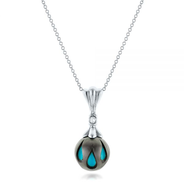 18k White Gold 18k White Gold Carved Turquoise Tahitian Pearl Pendant - Three-Quarter View -  102571