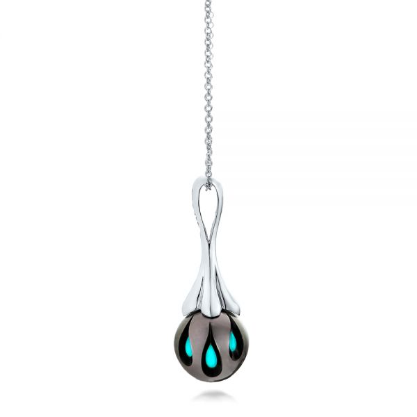 18k White Gold 18k White Gold Carved Turquoise Tahitian Pearl Pendant - Side View -  101117