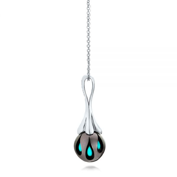  Platinum Platinum Carved Turquoise Tahitian Pearl Pendant - Side View -  101117