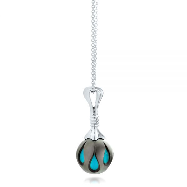 14k White Gold Carved Turquoise Tahitian Pearl Pendant - Side View -  102571