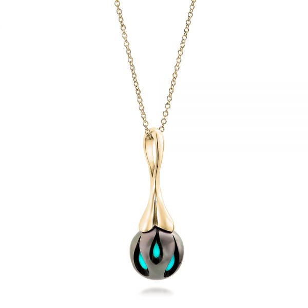 14k Yellow Gold 14k Yellow Gold Carved Turquoise Tahitian Pearl Pendant - Flat View -  101117