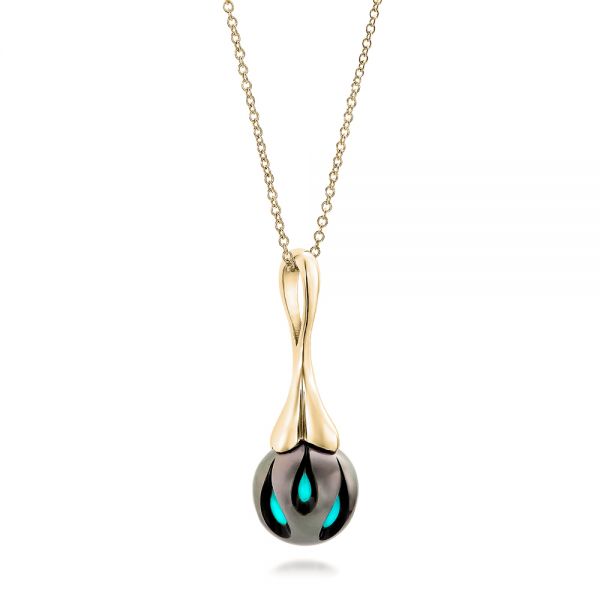 14k Yellow Gold 14k Yellow Gold Carved Turquoise Tahitian Pearl Pendant - Flat View - 101117