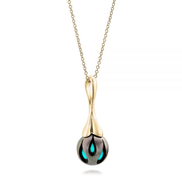 18k Yellow Gold 18k Yellow Gold Carved Turquoise Tahitian Pearl Pendant - Flat View -  101117