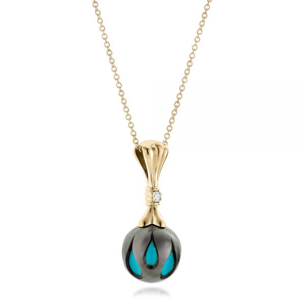 18k Yellow Gold 18k Yellow Gold Carved Turquoise Tahitian Pearl Pendant - Flat View - 102571