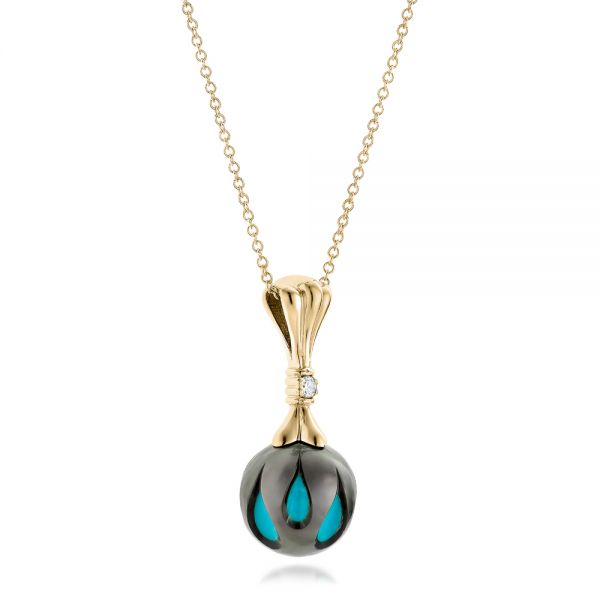 18k Yellow Gold 18k Yellow Gold Carved Turquoise Tahitian Pearl Pendant - Flat View -  102571