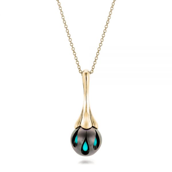 14k Yellow Gold 14k Yellow Gold Carved Turquoise Tahitian Pearl Pendant - Three-Quarter View -  101117