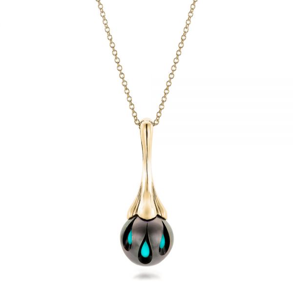14k Yellow Gold 14k Yellow Gold Carved Turquoise Tahitian Pearl Pendant - Three-Quarter View - 101117