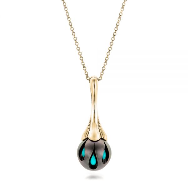 18k Yellow Gold 18k Yellow Gold Carved Turquoise Tahitian Pearl Pendant - Three-Quarter View -  101117