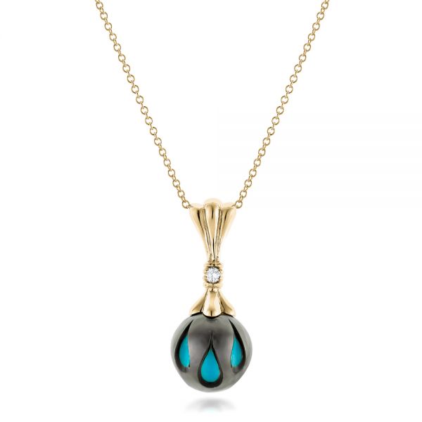 14k Yellow Gold 14k Yellow Gold Carved Turquoise Tahitian Pearl Pendant - Three-Quarter View -  102571