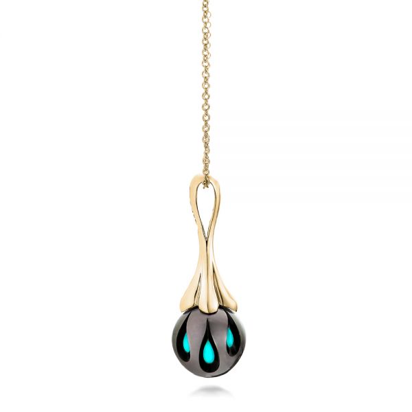 14k Yellow Gold 14k Yellow Gold Carved Turquoise Tahitian Pearl Pendant - Side View - 101117