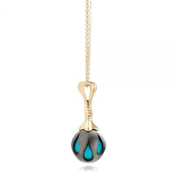 18k Yellow Gold 18k Yellow Gold Carved Turquoise Tahitian Pearl Pendant - Side View - 102571
