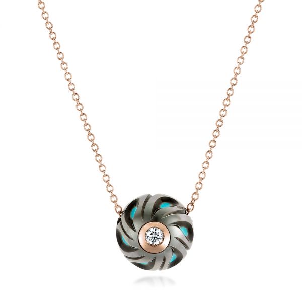 18k Rose Gold 18k Rose Gold Carved Turquoise Tahitian Pearl And Diamond Pendant - Three-Quarter View -  102573