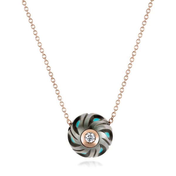 18k Rose Gold 18k Rose Gold Carved Turquoise Tahitian Pearl And Diamond Pendant - Three-Quarter View - 102573