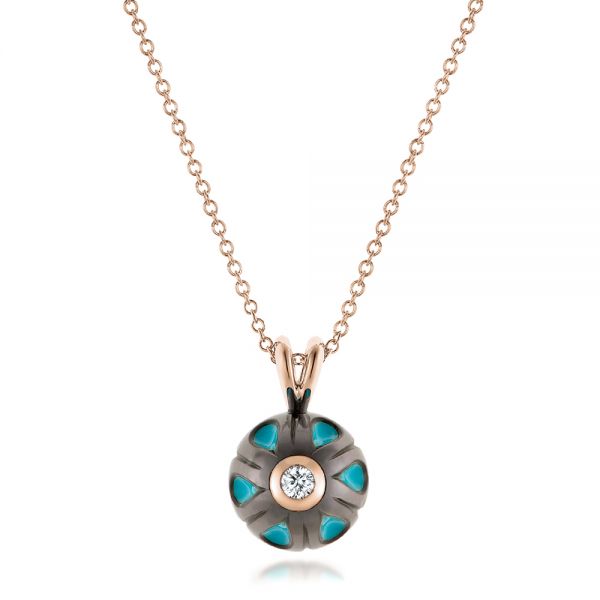 18k Rose Gold 18k Rose Gold Carved Turquoise Tahitian Pearl And Diamond Pendant - Three-Quarter View -  102574