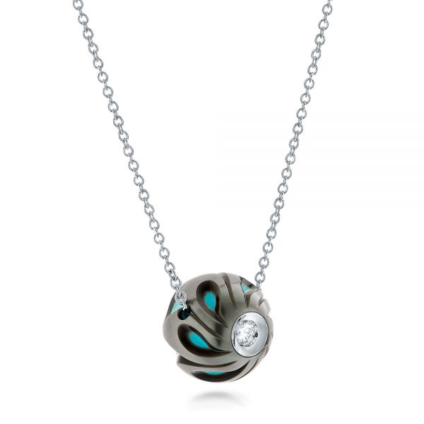 14k White Gold Carved Turquoise Tahitian Pearl And Diamond Pendant - Flat View - 102573